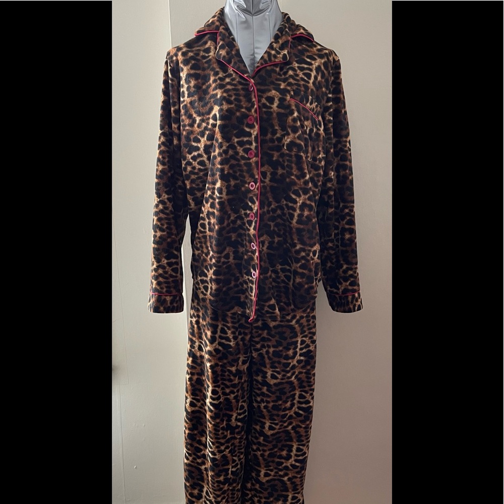 La Vie En Rose Leopard Print Polar Fleece 2Pc Pj Set Size Medium
